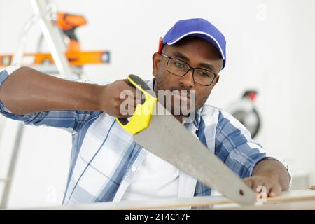 professional middle aged carpenter handsawing a wood plank Stock Photo