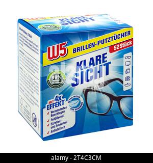Hamburg, Germany -  October  24  2023:  German W5  Klare Sicht  Wet Wipes for glasses isolated on white background Stock Photo