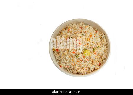 Asian Fried Rice in a Bowl Top Down Photo on White Isolated Background Stock Photo