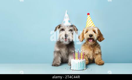 Two cute happy puppy dogs with a birthday cake celebrating at a birthday party Stock Photo