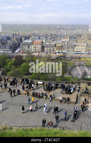 View over Princes Gardens and Edinburgh City from Edinburgh Castle, Scotland, UK Stock Photo