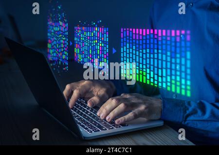 Big data and AI technology. Data science and data analytics. Scientist analysing complex data set on computer. Data mining, artificial intelligence, m Stock Photo