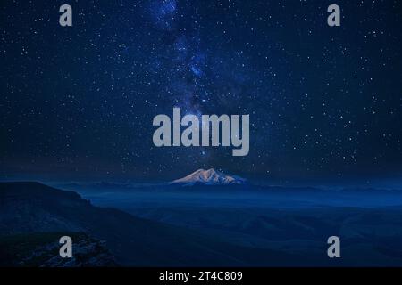 Night landscape on peaks of Mount Elbrus. Big high mountain covered with snow, Caucasus Mountains, Russia Stock Photo