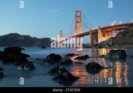 San Francisco. 29th Oct, 2023. This photo taken on Oct. 29, 2023 shows an illuminated Golden Gate Bridge in San Francisco, the United States. Credit: Li Jianguo/Xinhua/Alamy Live News Stock Photo