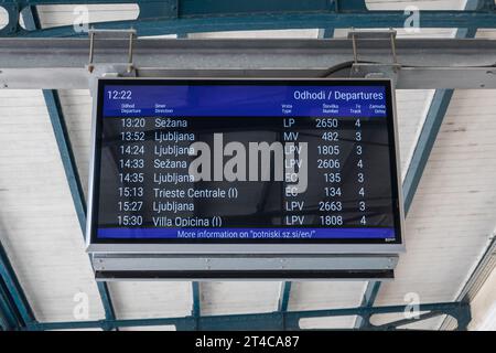 Train departure display / timetable notice board at the railway station ...