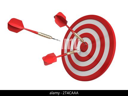 Three darts hitting a red target on the center on white background. Stock Photo