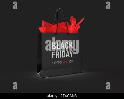 Black paper bag with the inscription big friday on a black background. 3D illustration Stock Photo