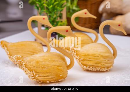 dim sum - Crispy Durian Puff Pastry Swan Shape Stock Photo