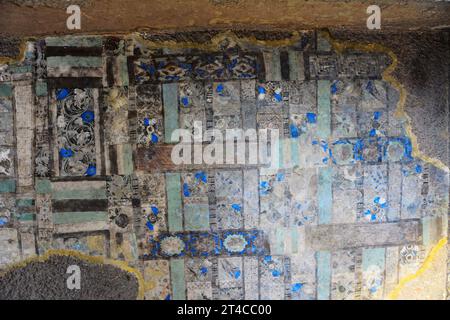 Cave No. 1. Ceiling painting with geometric pattern and use of Blue colour from Lapis Lazuli.  Ajanta Caves, Aurangabad, Maharashtra, India Stock Photo