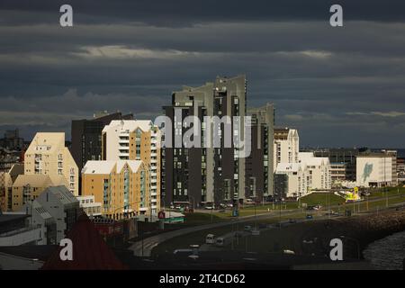 Skyline at the Old Harbour, illuminated by selective sunlight, Iceland, Old Harbour Area, Reykjavik Stock Photo