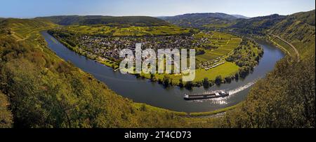 Panoramic view from the Prinzenkopf Tower of the Moselle bend near Puenderich, Germany, Rhineland-Palatinate, Puenderich Stock Photo