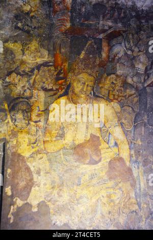 Cave No. 1.  Gentle figure of the Bodhisattva Padmapani towards the left of the antechamber of the main shrine, Ajanta Caves, Aurangabad, Maharashtra, Stock Photo