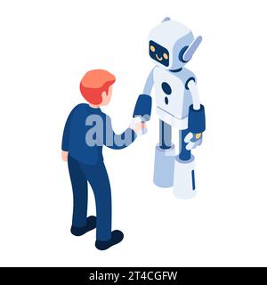 Flat 3d Isometric Businessman Shaking Hands with Ai Robot. AI or Artificial Intelligence Technology Concept. Stock Vector