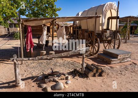 A covered wagon camp at the Bluff Fort Historic Site in Bluff, Utah. Stock Photo