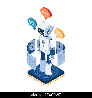 Flat 3d Isometric AI Chatbot or Robot on Computer Chip. Machine Learning and Artificial Intelligence Technology Concept. Stock Vector