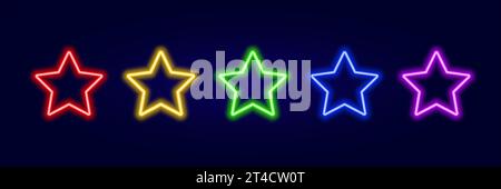 5 stars rating colorful neon glow on dark background vector. Glowing rank rates with laser led illumination for design Stock Vector
