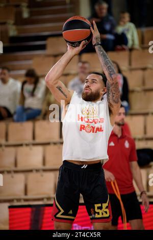 Monte Carlo, Monaco. 26th Oct, 2023. AS Monaco player #55 Mike James trains before the fifth round of the Turkish Airlines EuroLeague season between AS Monaco and Maccabi Tel Aviv in Monte Carlo. American player #55 Mike James of As Monaco Basket became the fourth player in history to surpass 4,000 points scored in the Euroleague in a match against Maccabi Tel Aviv. (Monaco won 107-79). The record is held by Vassilis Spanoulis with 4,455 points. Credit: SOPA Images Limited/Alamy Live News Stock Photo