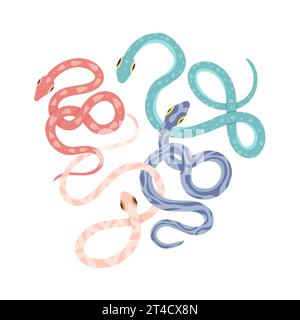 Vector illustration with cartoon tangled snakes. Colorful clipart with pink and blue predatory cobras. Reptile image for sublimation, postcards Stock Vector