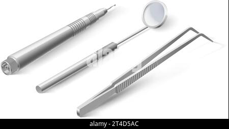 Basic Dentist Instruments and Tools Laid Out on White Background. A set of Metal Medical Equipment for Teeth Dental Care. Dental Hygiene and Healthcar Stock Vector
