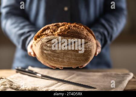 A woman holds freshly baked bread in her hands. Stock Photo