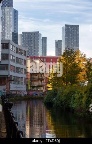 Rochdale canal looking towards new developments at Deansgate square in Manchester. Stock Photo