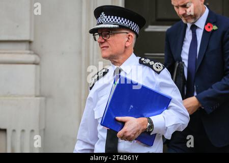 London, UK. 30th Oct, 2023. Sir Mark Rowley, QPM Commissioner of the Metropolitan Police Force (MET). Cabinet ministers, as well as senior security officials exit meetings at the Cabinet Office this afternoon, likely to have been the emergency COBR meeting that was scheduled to be chaired by the PM. Ministers were said to discuss the Israel-Gaza conflict and any potential terror or security threats relating to the UK. Credit: Karl Edler/Alamy Live News Credit: Imageplotter/Alamy Live News Stock Photo