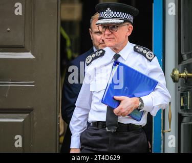 London, UK. 30th Oct, 2023. Sir Mark Rowley, QPM Commissioner of the Metropolitan Police Force (MET). Cabinet ministers, as well as senior security officials exit meetings at the Cabinet Office this afternoon, likely to have been the emergency COBR meeting that was scheduled to be chaired by the PM. Ministers were said to discuss the Israel-Gaza conflict and any potential terror or security threats relating to the UK. Credit: Karl Edler/Alamy Live News Credit: Imageplotter/Alamy Live News Stock Photo
