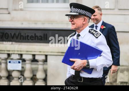 London, UK. 30th Oct, 2023. Sir Mark Rowley, QPM Commissioner of the Metropolitan Police Force (MET). Cabinet ministers, as well as senior security officials exit meetings at the Cabinet Office this afternoon, likely to have been the emergency COBR meeting that was scheduled to be chaired by the PM. Ministers were said to discuss the Israel-Gaza conflict and any potential terror or security threats relating to the UK. Credit: Karl Edler/Alamy Live News Credit: Imageplotter/Alamy Live News Stock Photo