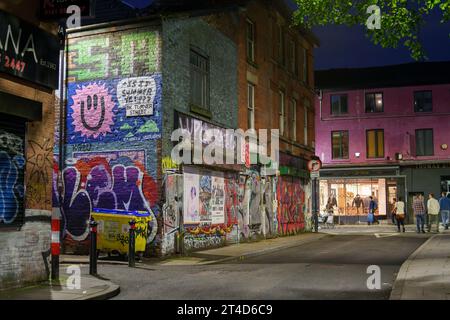 Graffiti covered buildings in Manchester's Northern quarter. Stock Photo