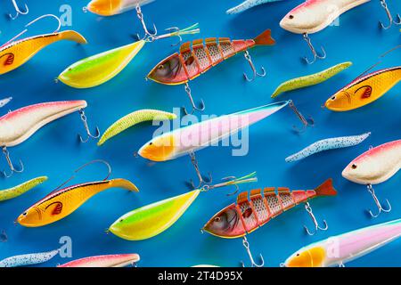 A row of assorted colorful fish bites. Set of multicolor lures and fish  hooks for the fishing hobby. Tackles to catch a fish. Angling equipment on  a b Stock Photo - Alamy
