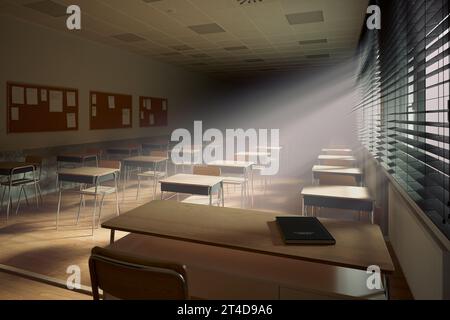 Rays of light falling to the empty dark classroom. Teaching class without students during a break. Abandoned school. Disturbing mood. The essence of a Stock Photo