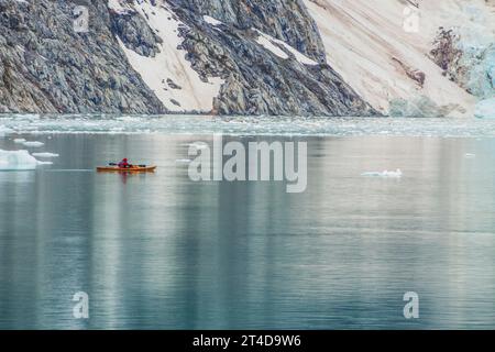 Kayakers and icebergs near Norwestern Glacier in Northwestern Fjord of the Kenai Fjords National Park in Alaska. Stock Photo