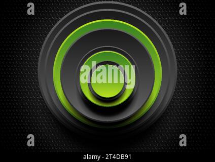 Green and black abstract circles on dark perforated background. Technology vector design Stock Vector