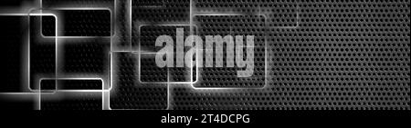 Grey metallic squares on dark perforated background. Technology vector banner design Stock Vector