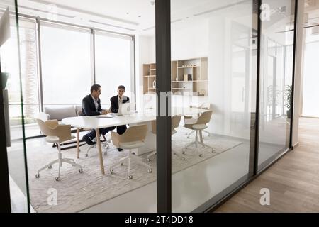 Two businesspeople working on online project together Stock Photo