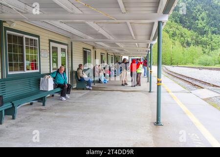 White Pass and Yukon Route Railroad train station depot in Skagway, Alaska. Scenic train ride available on this line over the White Pass mountains. Stock Photo