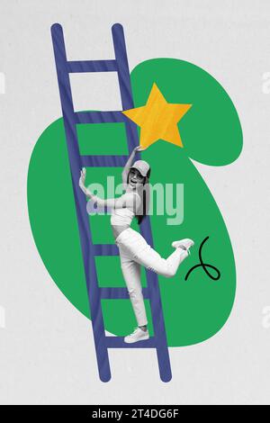 Composite collage image of excited active young lady climbing ladder up high successful employee career achievement top manager reach star Stock Photo