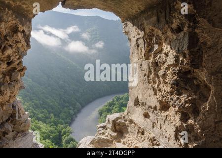 View from ruins of medieval castle Starhrad to valley of river Vah , Slovakia, Mala Fatra, spring day Stock Photo