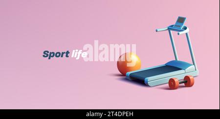Home sport composition of running track machine with dumbbell and fitness ball vector illustration, banner Stock Vector