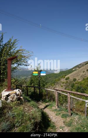 Path and Ponte alla Luna tibetan bridge, Sasso di Castalda, Basilicata, Italy Stock Photo