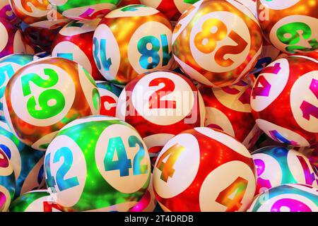 A heap lottery balls with numbers. 3d rendering Stock Photo