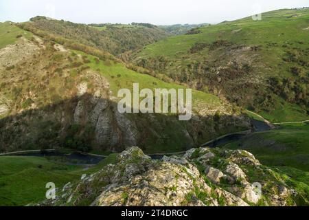 Looking down into Dovedale Valley from the summit of Thorpe Cloud, Peak District, Derbyshire, England Stock Photo