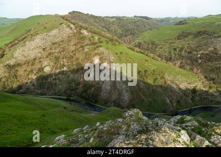 Looking down into Dovedale Valley from the summit of Thorpe Cloud, Peak District, Derbyshire, England Stock Photo