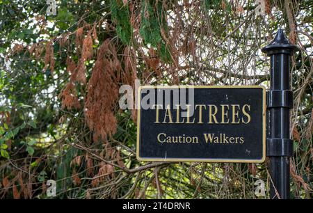 On a narrow probably private road on the outskirts of a Suffolk market town a sign we think warning drivers to be cautious of walkers or vice versa Stock Photo