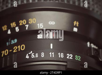 aperture and distance scale on reflex camera zoom lens Stock Photo