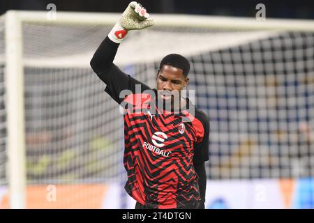 Naples, Italy. 29 Oct, 2023. Mike Maignan of AC Milan warms up before the Serie A match between SSC Napoli and AC Milan at Stadio Diego Armando Maradona Naples Italy on 29 October 2023.  Credit: Franco Romano/Alamy Live News Stock Photo