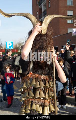 25 February 2023 - Italy Lombardy, Milan, 'Mamutzones' group of Samugheo cheer up the Vimodrone carnival. Stock Photo