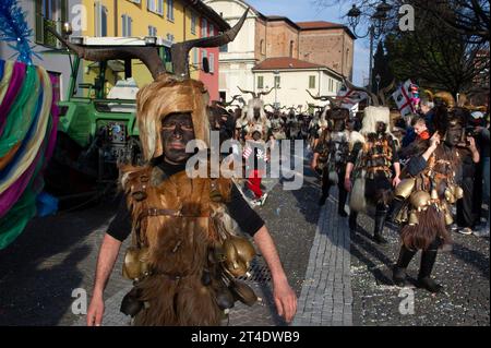 25 February 2023 - Italy Lombardy, Milan, 'Mamutzones' group of Samugheo cheer up the Vimodrone carnival. Stock Photo