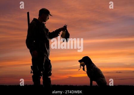 silhouettes of a duck hunter and his dog with downed game against the background of the sunset Stock Photo