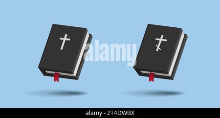 Holy bible 3d render icon on with catholic and orthodox cross, isolated illustration, black book Stock Vector
